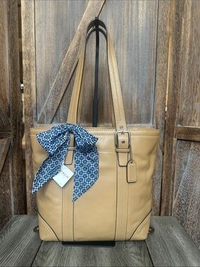 Coach F11201 Hamilton Camel Leather Tote New with Tags & Coach Scarf